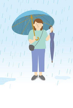 雨の中傘を持って出迎える女性　梅雨
