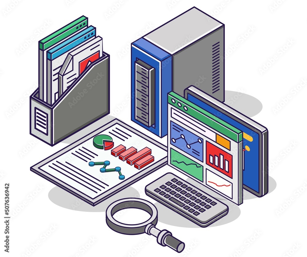 Poster flat isometric concept illustration. the desktop of a business analysis data
