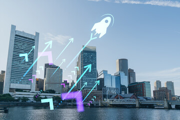 Panorama city view of Boston Harbour at day time, Massachusetts. Building exteriors of financial downtown. Startup company, launch project to seek and develop scalable business model, hologram sketch