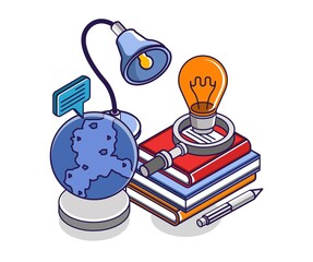 Flat isometric concept illustration. pile of books and educational globes