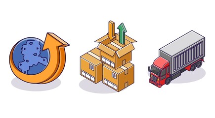 Flat isometric concept illustration. bundle set of business goods delivery icon