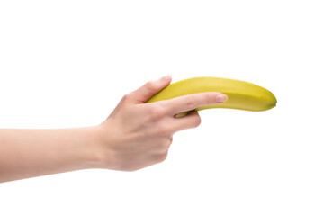 A bunch of bananas in woman hand isolated on white background.
