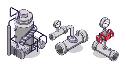 Flat isometric concept illustration. bundle set icon of large oil and gas pipes and tubes for industrial factories