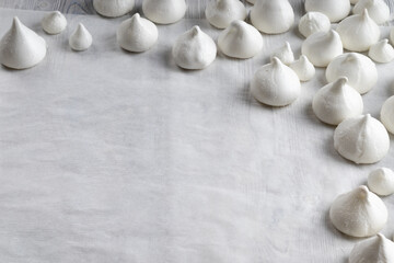 French dessert Meringue prepared from whipped with sugar and eggs. With copy space