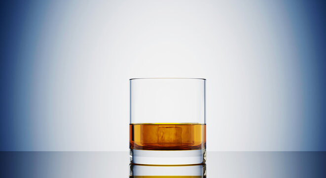 3D Golden brown Whisky in beautiful 
 glass on shiny gradient dark blue background