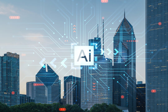 Chicago skyline from Butler Field to financial district skyscrapers at sunset, Illinois, USA. Parks, gardens. Artificial Intelligence concept. AI, business, machine learning, neural network, robotics