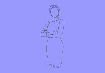 business woman standing with folded hands.Continuous one line drawing 