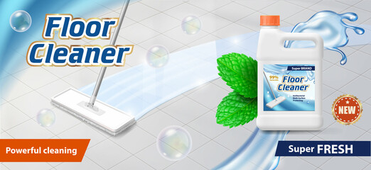Floor cleaner advertising. Bottle package and mop on shiny white tile floor. Fresh mint household product ad. - 507638543