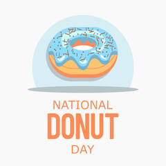 Blue glaze donut decorated with brown sprinkles. National donut day. Vector illustration in flat cartoon style.