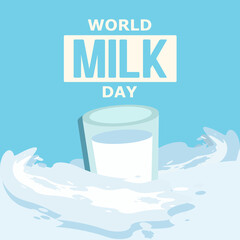 Glass of milk with wave of milk splashes. World milk day. Vector illustration in flat cartoon style.