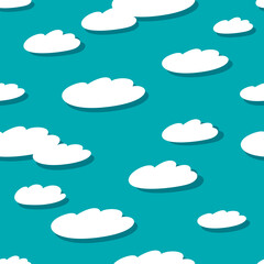 Clouds seamless pattern on blue background. Flat vector.