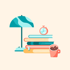 Lamp, books, stopwatch, cup of coffee. Flat vector composition.