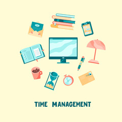 Stationery design elements and letters on pastel background. Time management concept. Flat vector.