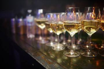 Glasses of champagne. Restaurant. White wine in glasses