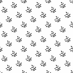 Black and white seamless pattern with one floral element twig. Design for fabric, wallpaper, wrapping paper. Vector illustration