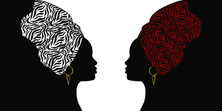 Portrait of a two beautiful afro womans. Shenbolen Ankara Headwrap Women's African Traditional Turban Headwrap Scarf Kente Head Wraps African Tribal Fabric Design. Vector icon logo template brochure b