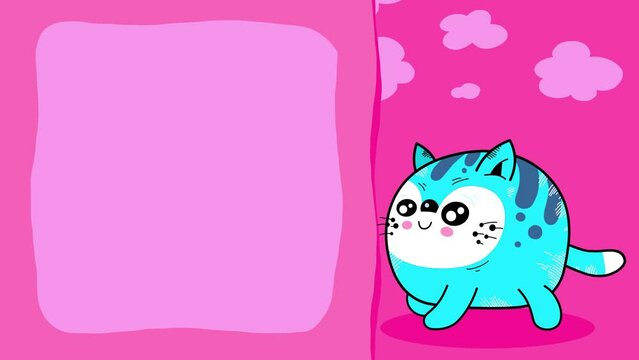 Cartoon character cat blue kawaii with outline animal walking loop animation for titles. Cute intro frame included, seamless loop. 