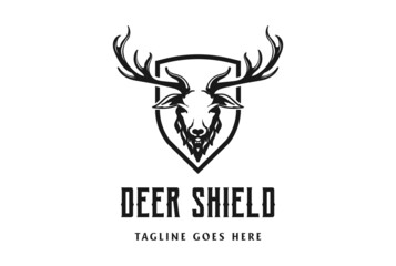 Deer Stag Buck Reindeer Elk Antler Wall and Shield for Protect Hunting Logo Design Vector