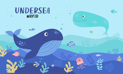 Cute blue whale, fish, jellyfish and corals. Horizontal tropical poster with a landscape of the underwater world and sea animals, underwater day. World Ocean Day. Vector illustration