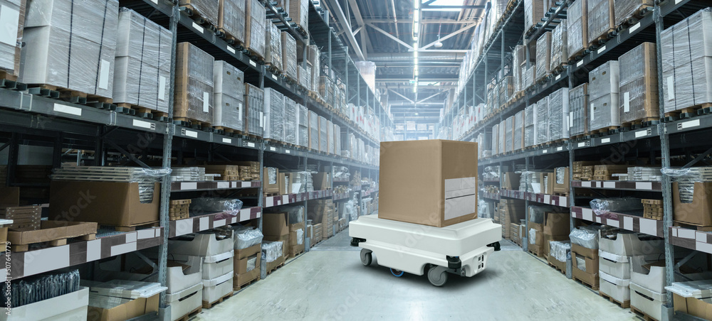 Poster Mobile robot transporting a box in a warehouse. Concept