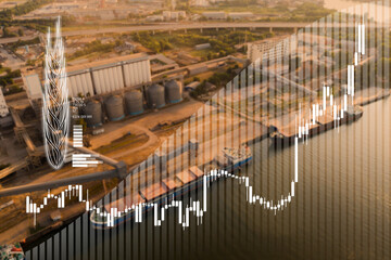Wheat price growth chart against the background of grain port with silos and ships