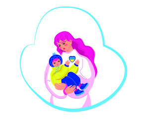 Ukrainian mother with cute child in her arms. Support Ukraine. Stop war. yellow and blue flag colors on a white background. Patriotic vector cartoon flat illustration. Pray for Ukraine.