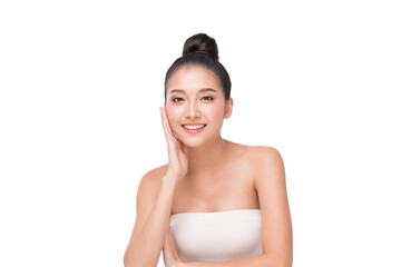 Young Beautiful Asian Woman with Clean Fresh Skin on white background. Beautiful young woman close up face with clean skin isolated on white. Portrait of beauty face woman natural healthy skin.