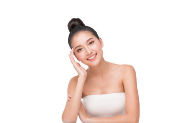 Young Beautiful Asian Woman with Clean Fresh Skin on white background. Beautiful young woman close up face with clean skin isolated on white. Portrait of beauty face woman natural healthy skin.