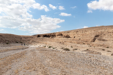 Dry  river bed passing through the stone desert near the Khatsatson stream, on the Israeli side of the Dead Sea, near Jerusalem in Israel