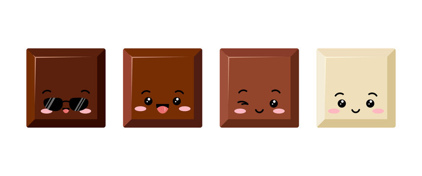 Cute square chocolate piece kids emoji character vector set. Funny yummy dark black, bitter, milky and white choco chunk with face. Kawaii cartoon style cacao sweet food morsel emoticon illustration.