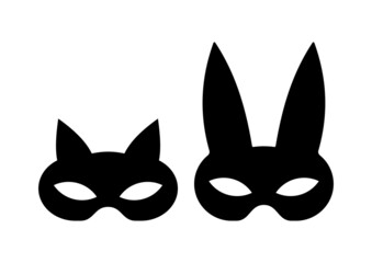 Adult mask cat and bunny vector icon set. Black bdsm fetish masquerade costume eye mask silhouette hidden person face. Simple design incognito sex party woman cosplay clip art illustration. - obrazy, fototapety, plakaty