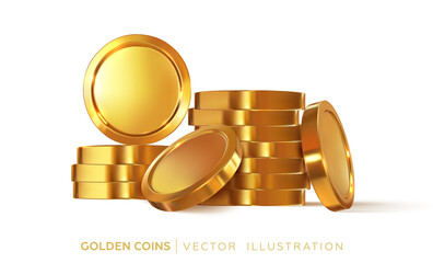 Coins, heaps of treasures. Stack of golden 3d coins. Golden shiny wealth. Vector graphics