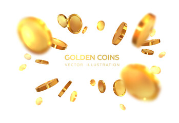 Scattering realistic, golden 3D coins. Flying isolated on white background. Vector illustration - obrazy, fototapety, plakaty
