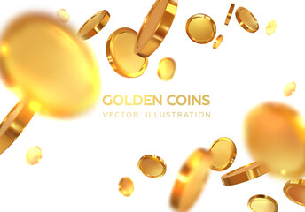 Flying realistic 3d coins. Golden falling coins. Win. Isolated on white background. Vector illustration
