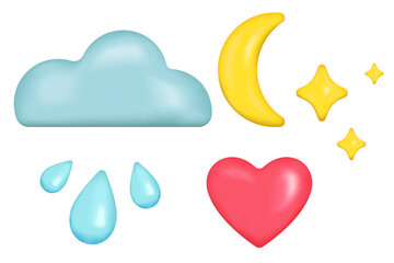 Set emoji icon, gray cloud, yellow stars and moon, pink heart, blue water drops. Realistic glossy 3d emotions. Vector illustration
