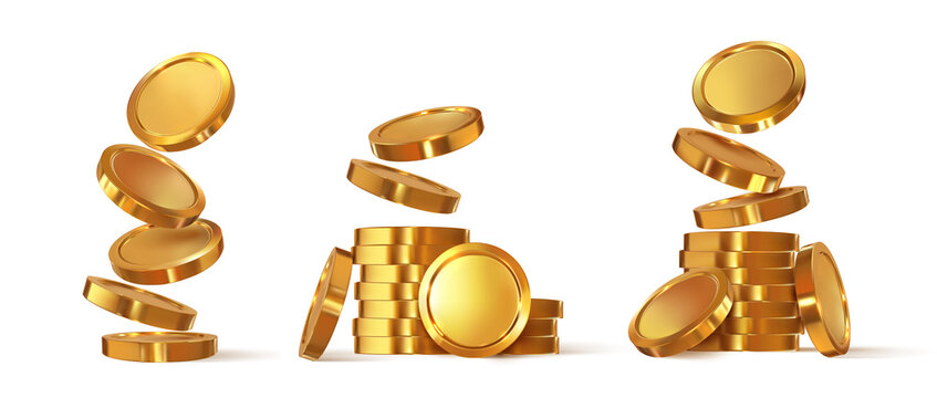 Stacks of gold coins. Isolated on background. Falling treasures. Accumulation of gold. Vector graphics