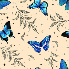 Magic seamless pattern with butterflies and crescents. Trendy texture for print, textile, packaging.