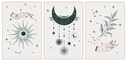 Fototapeta na wymiar Cosmic wall art esoteric set. Set of alchemy mystical magic celestial talisman with woman hands, sun, moon, stars sacred geometry isolated.
