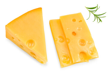 Cut of cheese with slices and rosemary isolated on white background. Clipping path and full depth of field. Top view
