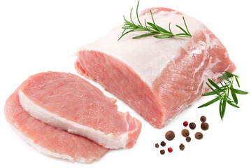 sliced raw pork meat with rosemar and peppercorn isolated on white background. Clipping path and full depth of field