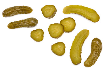 marinated pickled cucumbers with slices isolated on white background. Clipping path and full depth of field. Top view