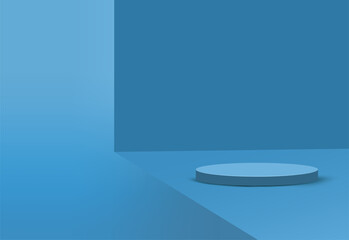 Realistic blue podium with light blue room background.