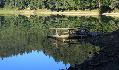 Obraz premium Wooden Rare Oar Raft On A Shore Of Forest River 
