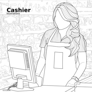 female cashier working part time during summer vacation in convenience store wearing black apron while operating computer