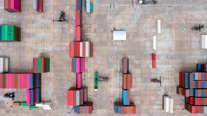 Aerial view of loading and moving containers on container yard, Container terminal international containers cargo ship industrial import export port global transportation and logistic business.