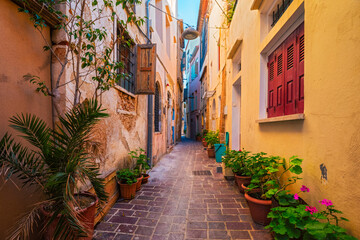 Fototapeta na wymiar Scenic picturesque streets of Chania venetian town with colorful old houses. Chania greek village in the morning. Chanica, Crete island, Greece