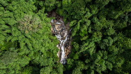 Aerial view jungle waterfall cascade in tropical rainforest, Aerial top view of forest mountain, Aerial top view forest tree, Rainforest ecosystem and healthy environment concept and background.