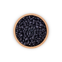 Black beans in wooden cup isolated on white background. Top view