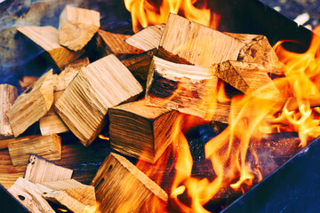 Wooden blocks firewood fuel thrown into the brazier for kindling for cooking