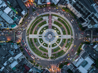 Aerial top view road roundabout with car lots in city, Circle road traffic transport junction...
